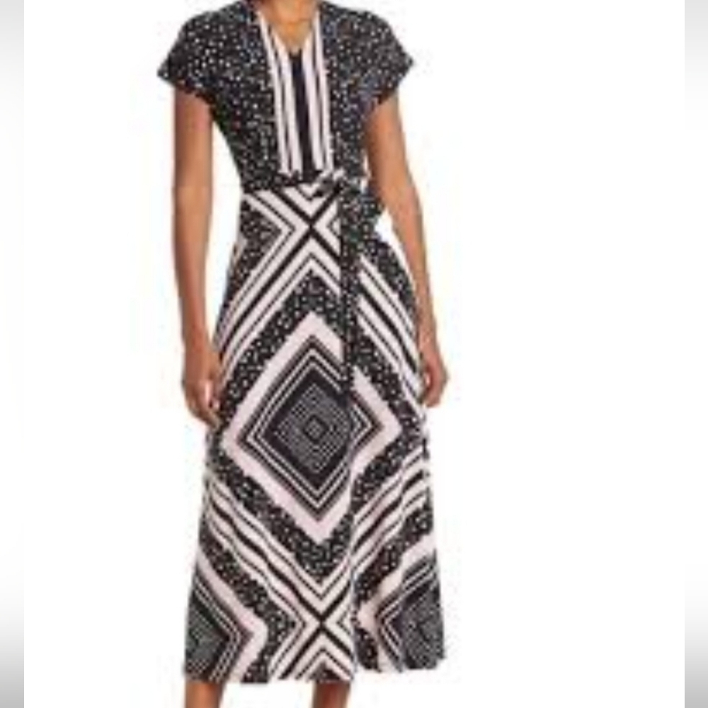 London Times Black & Blush Pink Geometric Patterned Midi Dress NWT Size 8